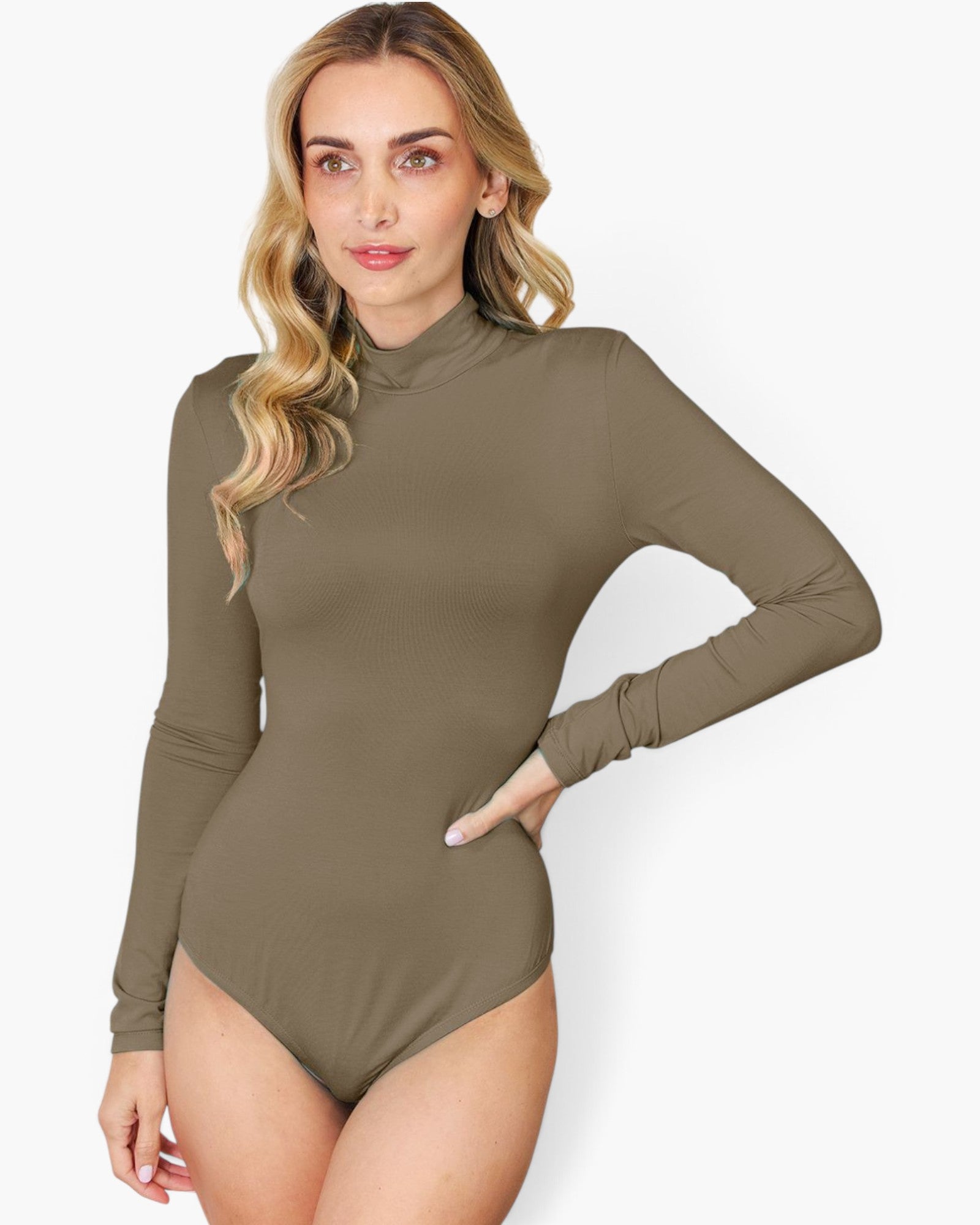 A woman modeling a long-sleeve, high-neck bodysuit in a solid taupe-brown color, set against a plain light gray background.