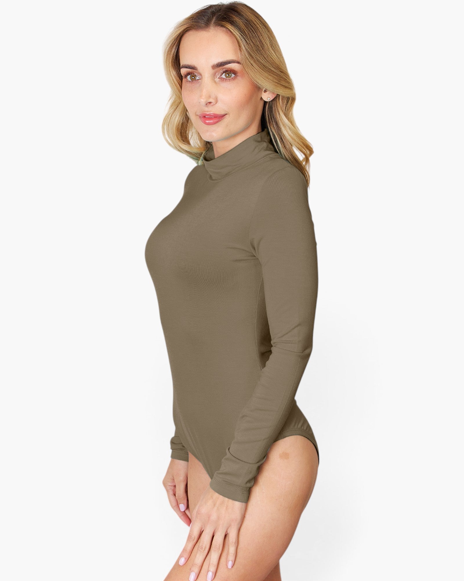 A woman modeling a long-sleeve, mock-neck bodysuit in a solid taupe-brown color, shown from a side profile against a clean white background.
