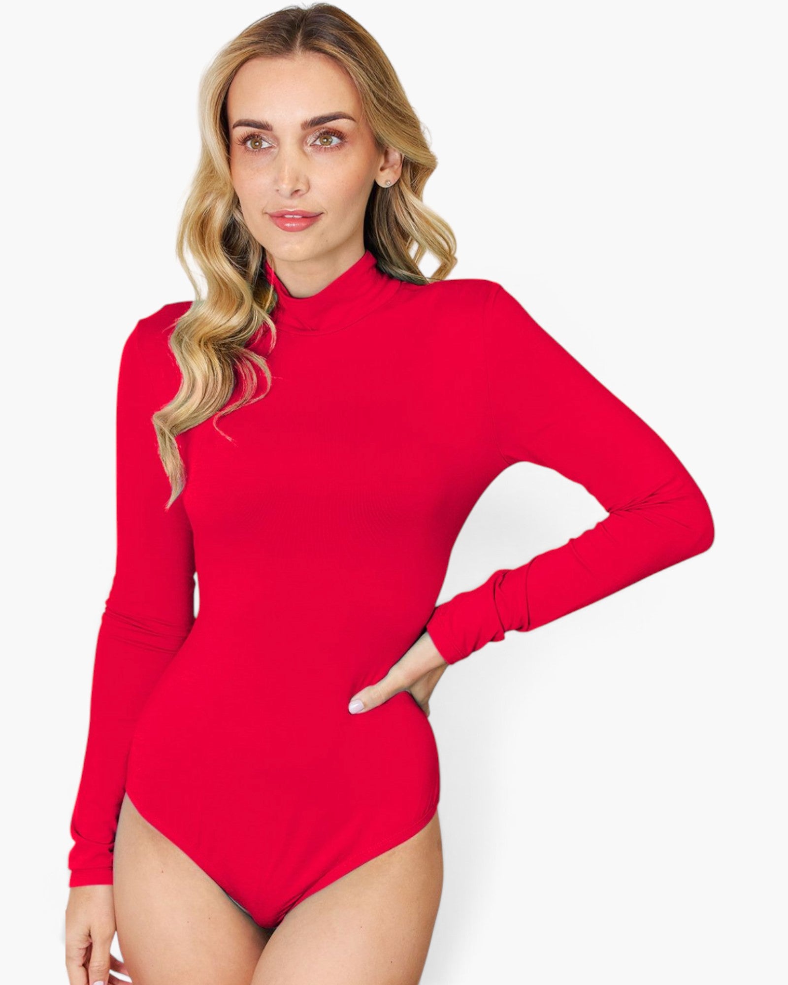 A woman modeling a bright red long-sleeve bodysuit with a mock neck, photographed against a clean light gray studio background.