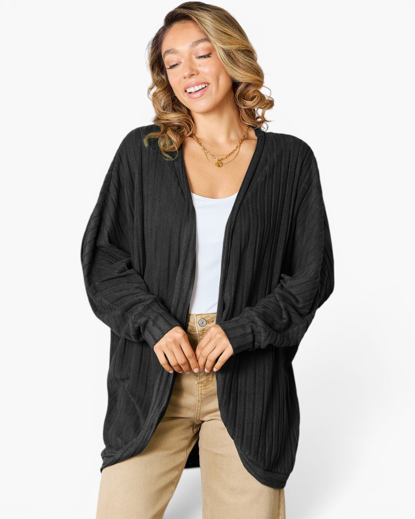 Cardigan cocon ouvert sur le devant en tricot côtelé