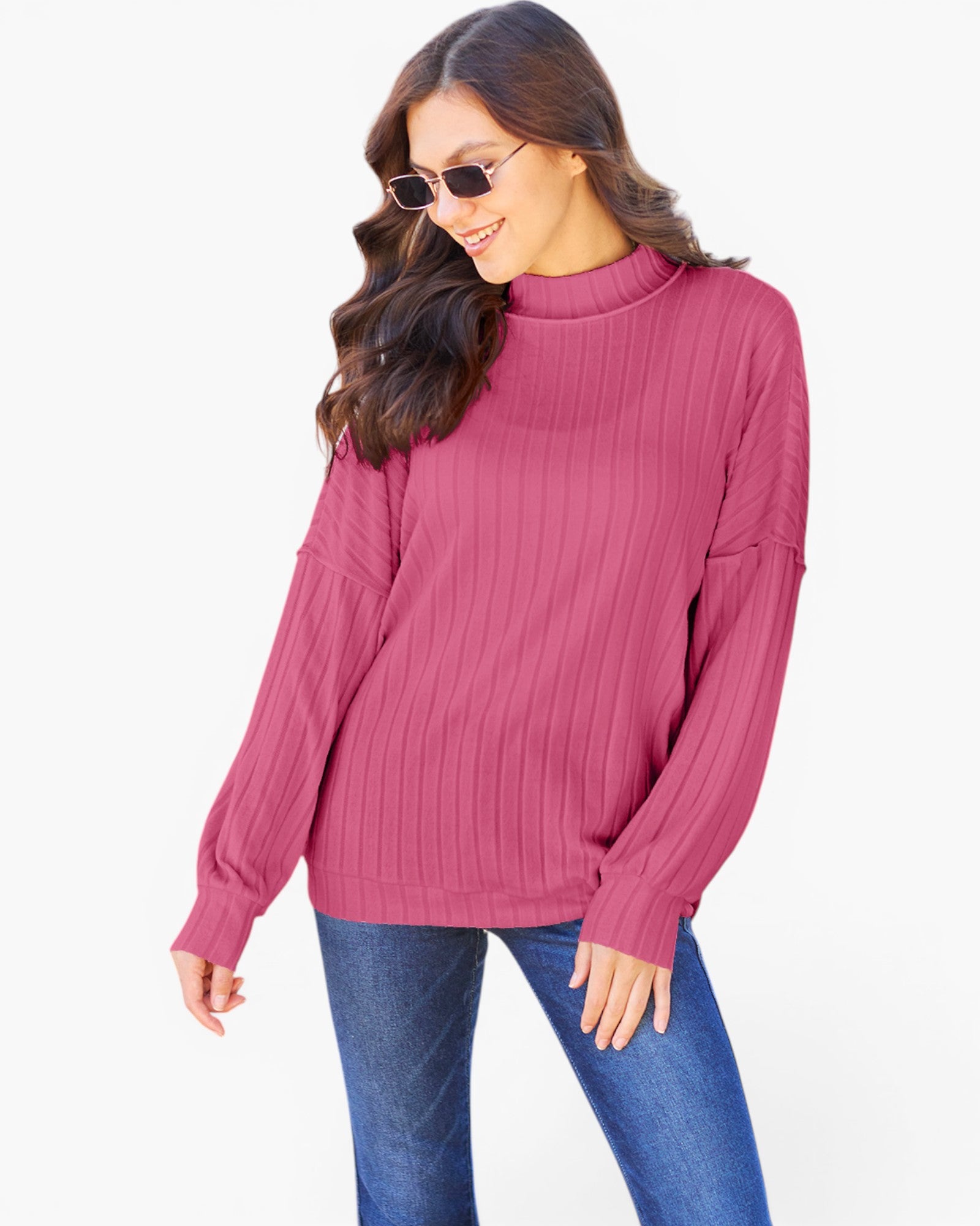 Ribbed Mock Neck Balloon Sleeve Top