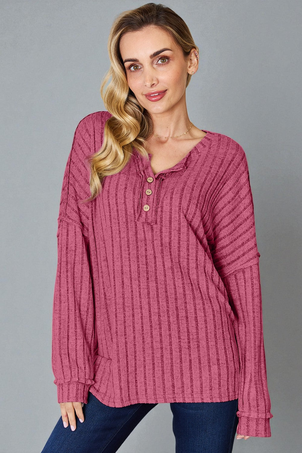 Ribbed Knit Button Henley Top