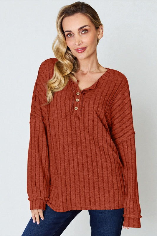 Ribbed Knit Button Henley Top