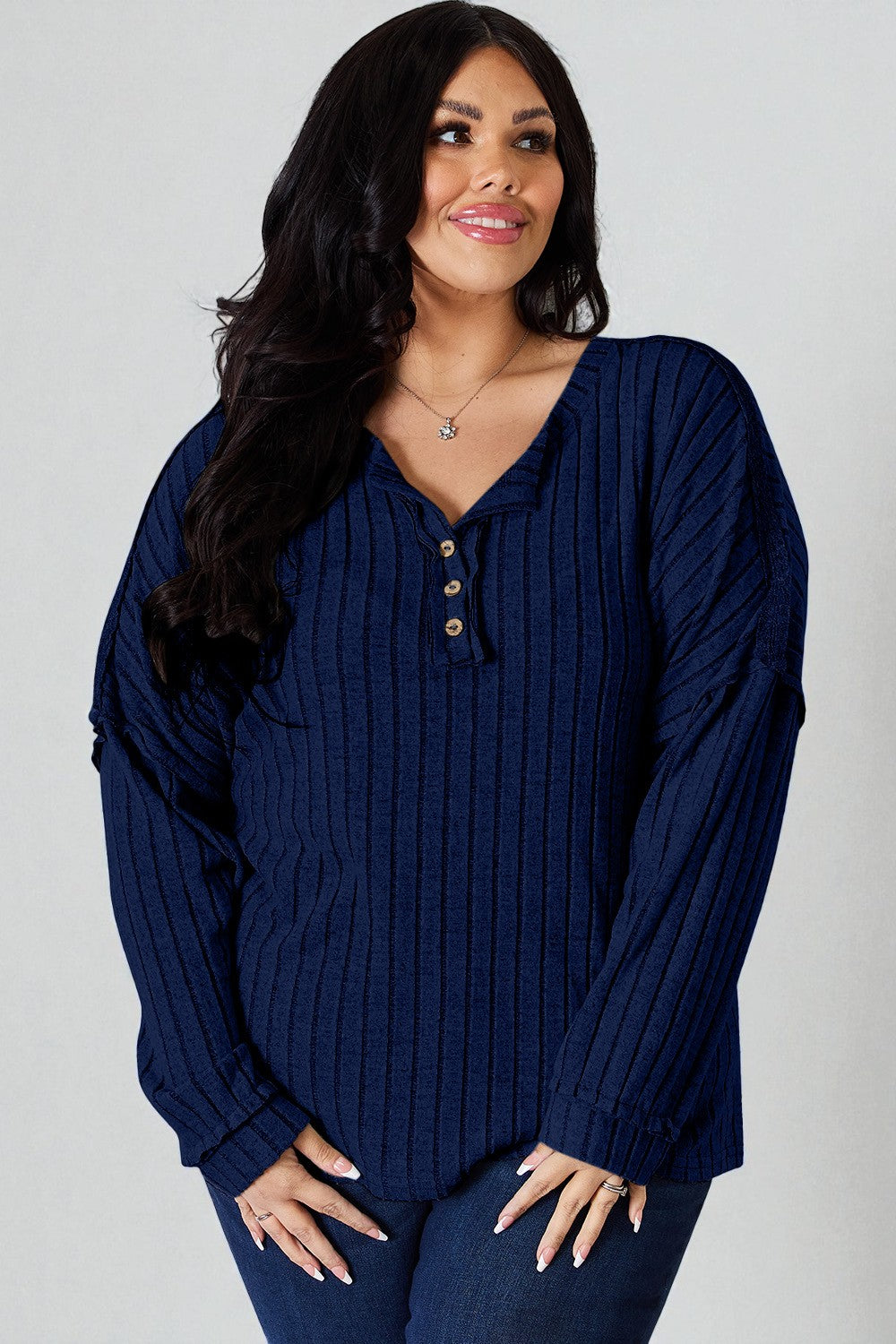 Ribbed Knit Button Henley Top
