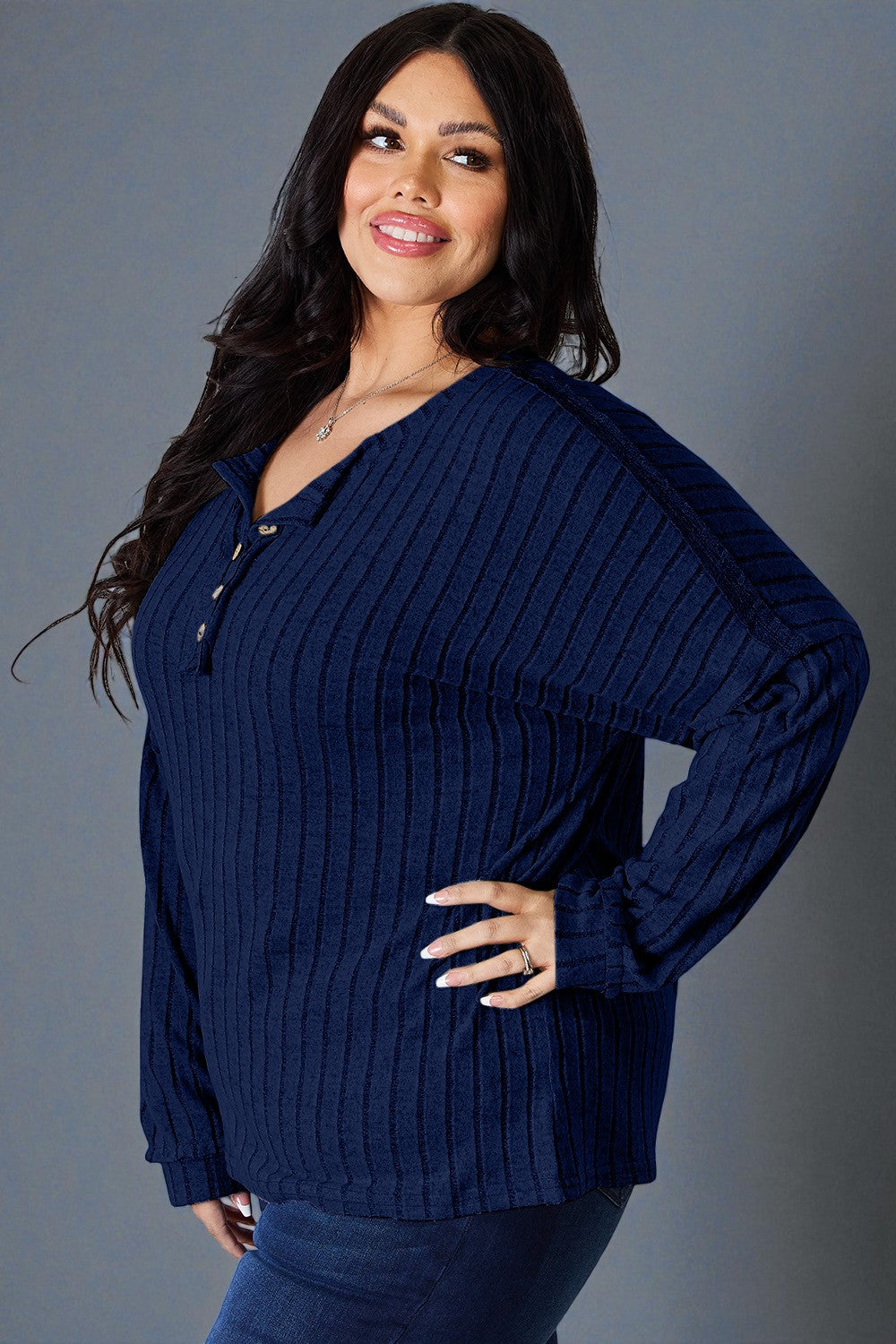 Ribbed Knit Button Henley Top