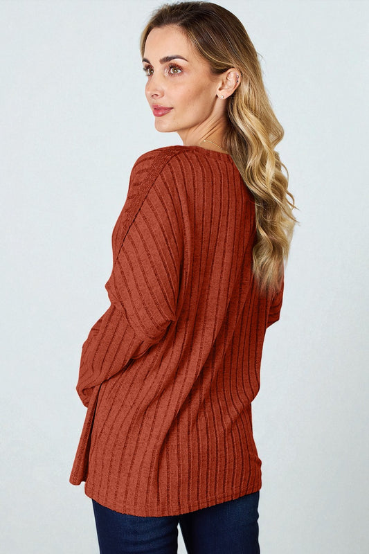 Ribbed Knit Button Henley Top