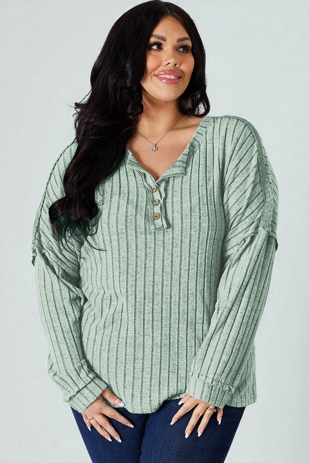 Ribbed Knit Button Henley Top