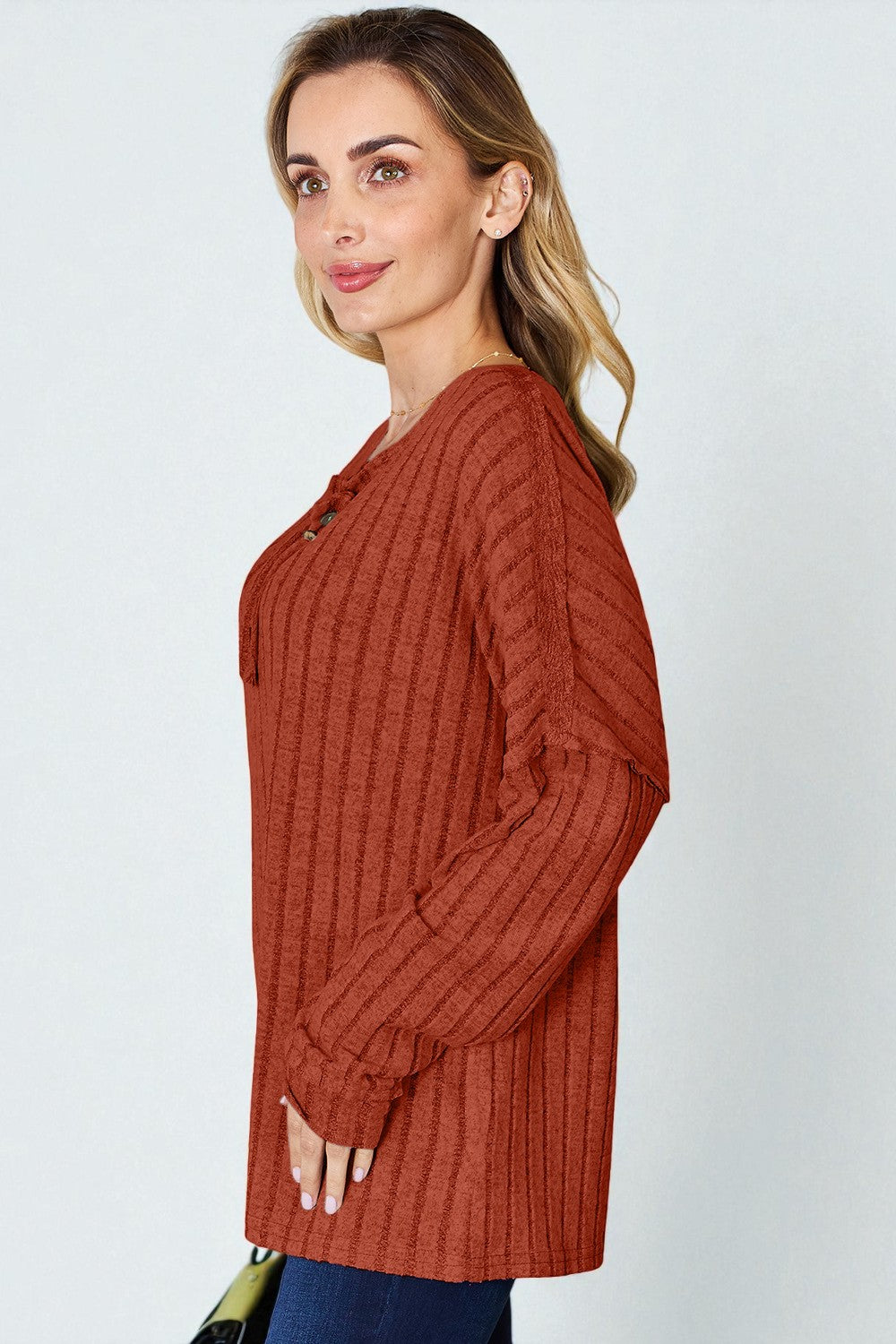 T-shirt côtelé à manches longues et demi-bouton