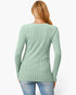A woman viewed from the back wearing a sage green ribbed knit long-sleeve top and light blue jeans against a plain white background.