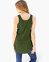 A woman shown from the back wearing a sleeveless olive green tunic top and blue jeans against a plain white background.