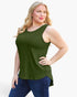 A woman modeling a sleeveless olive green scoop-neck tank top with a high-low hem, paired with dark blue jeans, against a plain white background.