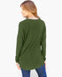A woman wearing a long-sleeve olive green tunic top, shown from a back-three-quarter view against a plain white background.