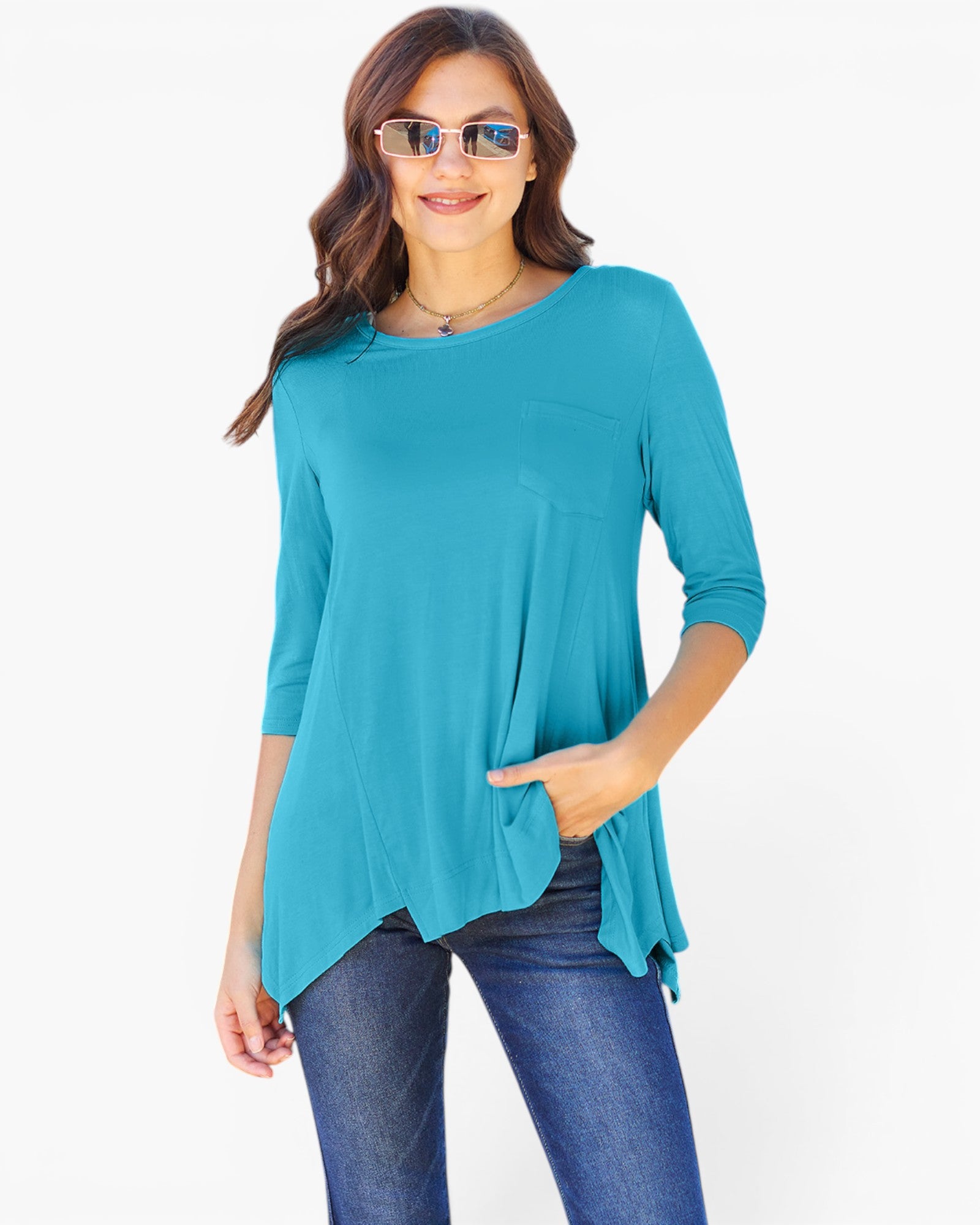 Three-Quarter Sleeve Handkerchief Hem Top