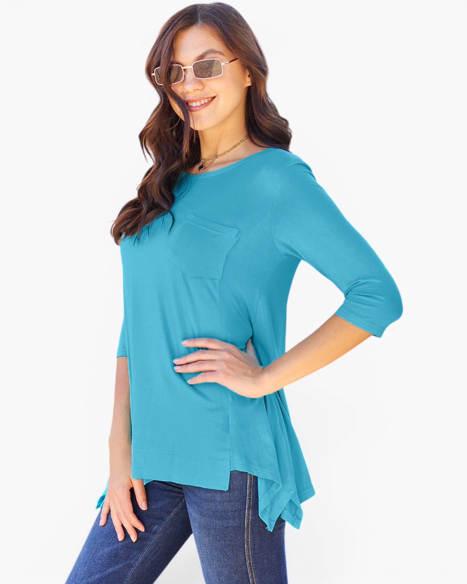 Three-Quarter Sleeve Handkerchief Hem Top