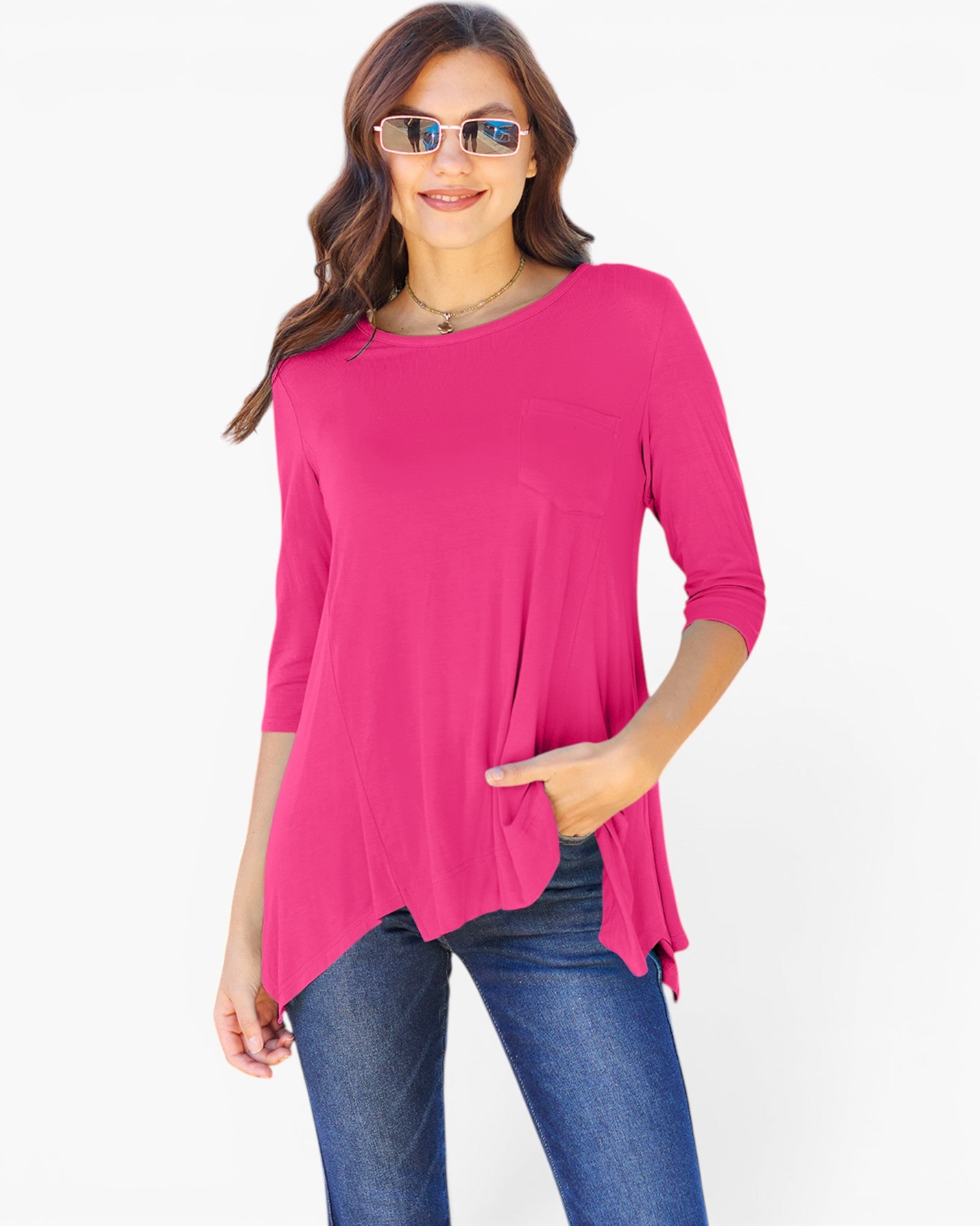 Three-Quarter Sleeve Handkerchief Hem Top