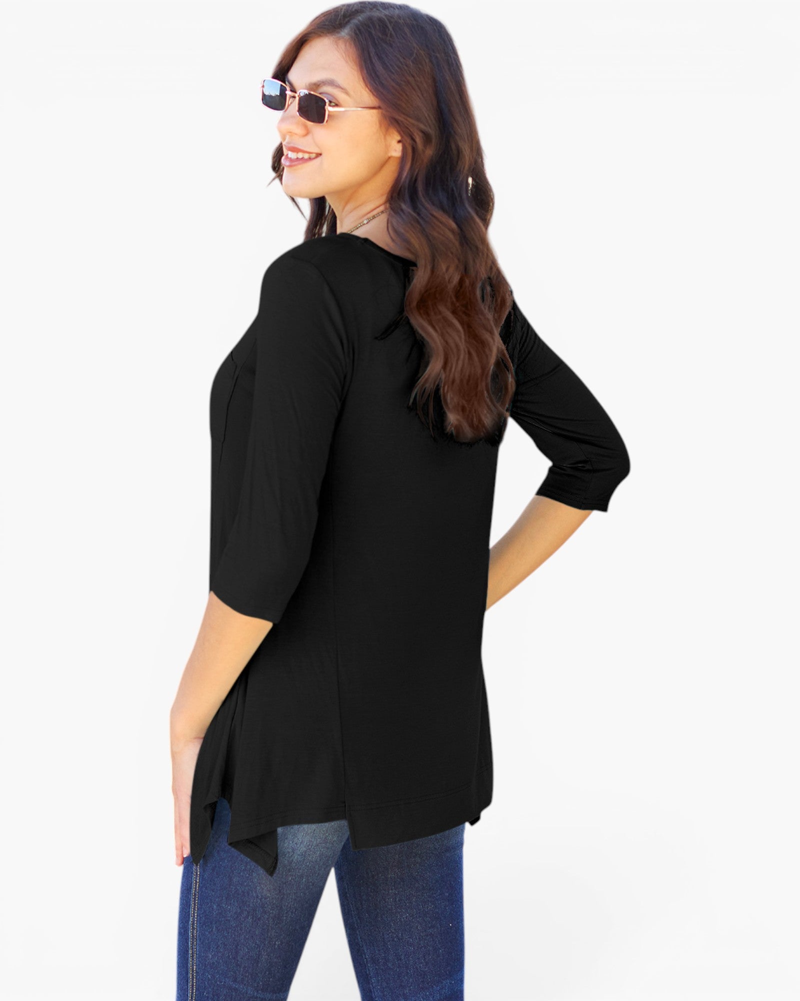 Three-Quarter Sleeve Handkerchief Hem Top