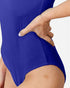Close-up of a model wearing a royal blue ribbed one-piece swimsuit, showing the side hip area and hand resting on the hip against a light gray background.