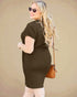 Woman wearing a brown dress with sunglasses and a handbag against a beige background