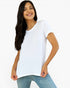 A woman with long dark hair wearing a white short-sleeve crewneck t-shirt and light blue jeans, posing against a solid white background.