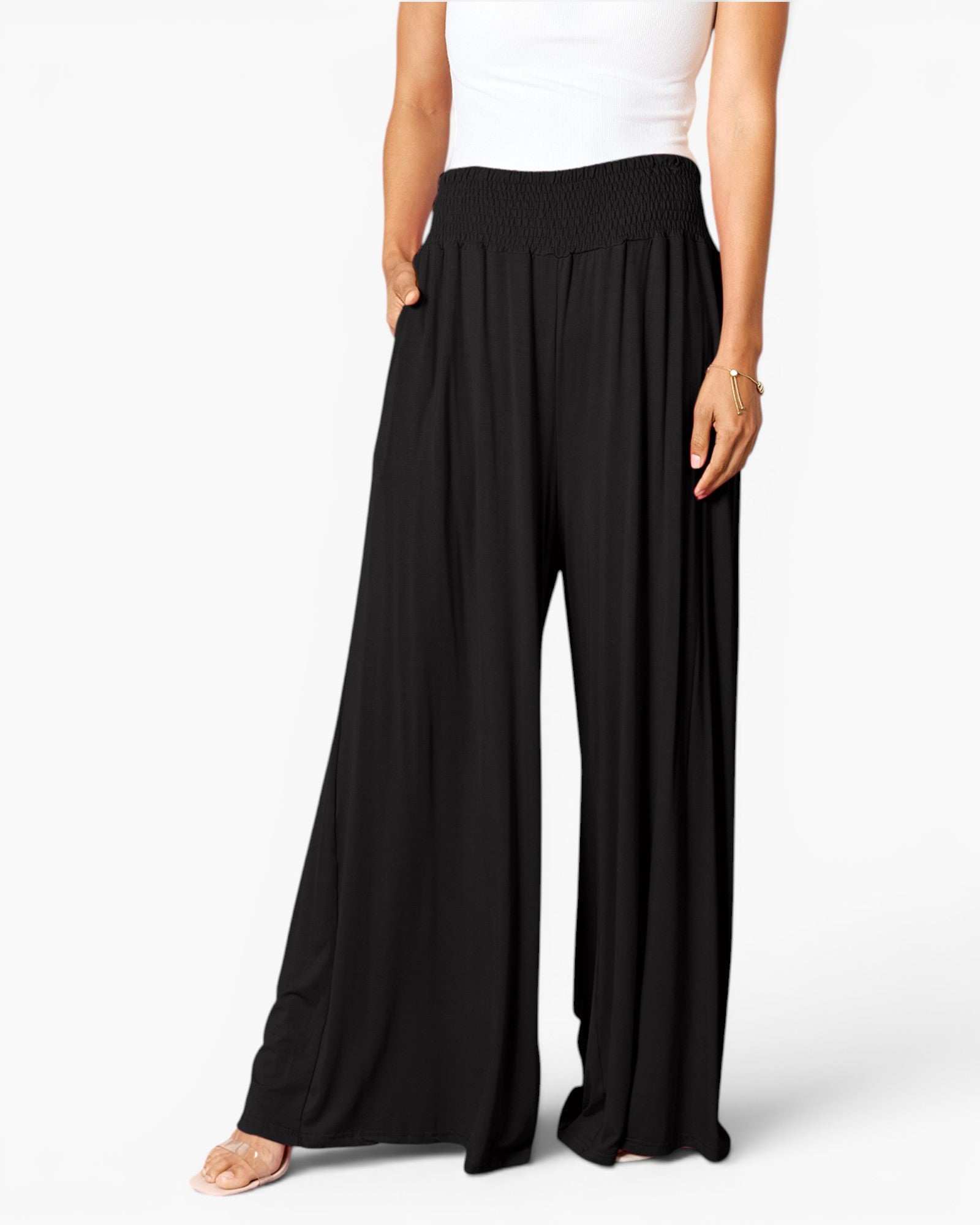 Pantalon large smocké à taille large