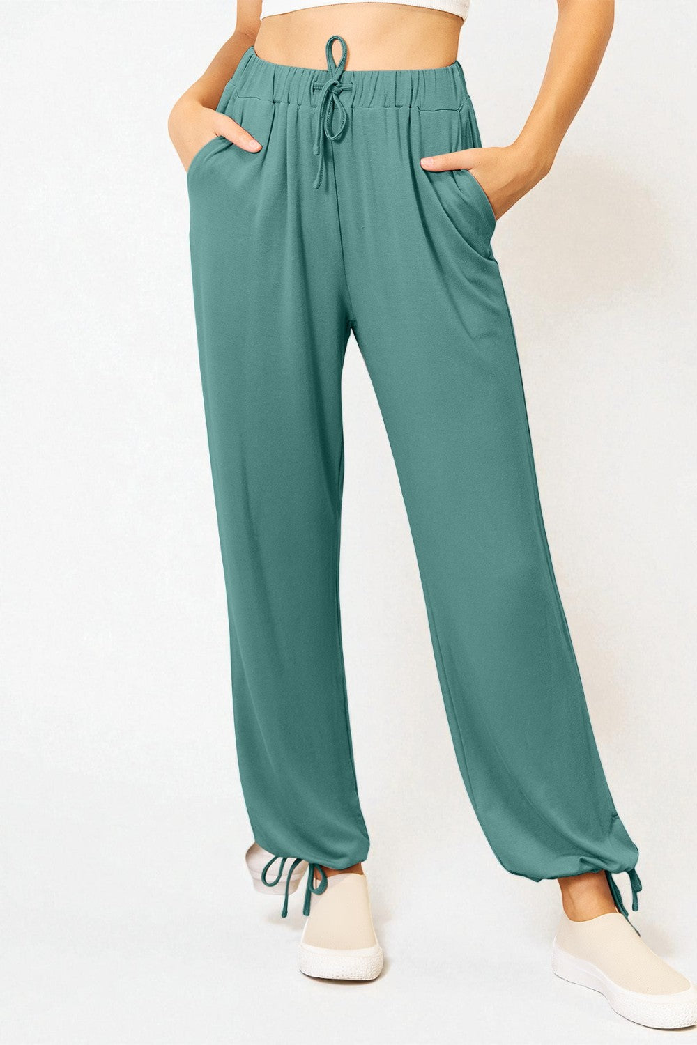 Pantalon taille cordon de serrage en rayonne douce avec poches