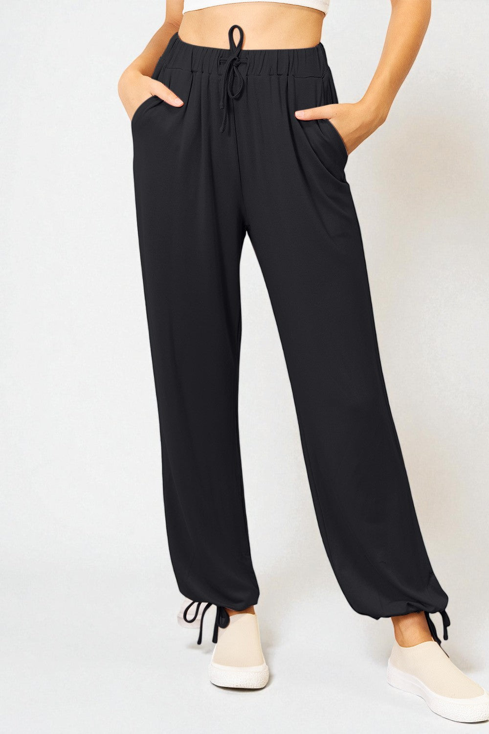 Pantalon taille cordon de serrage en rayonne douce avec poches