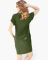 A woman shown from the back wearing a short-sleeve olive green t-shirt dress against a plain white background.