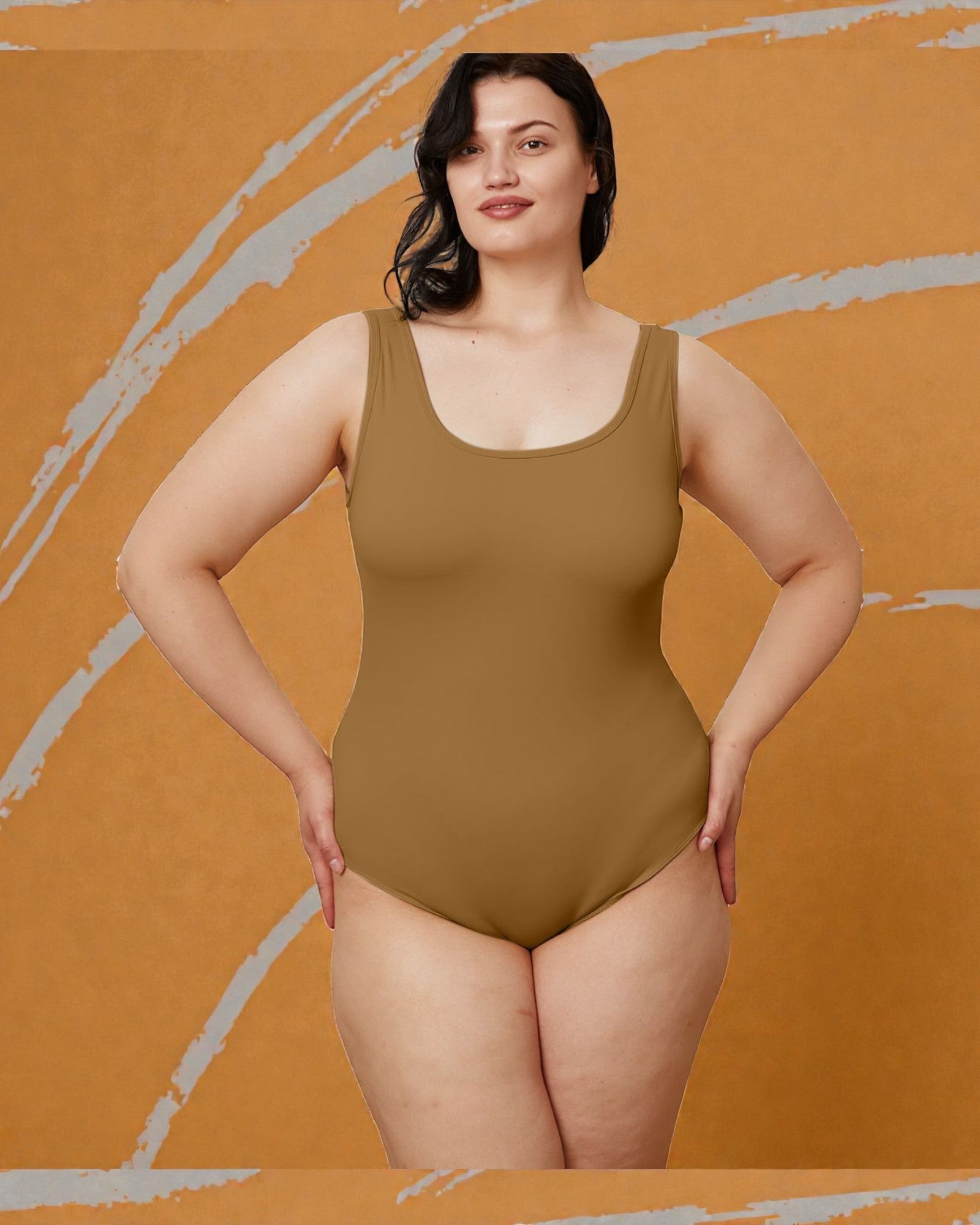 Woman wearing a brown swimsuit against an orange background