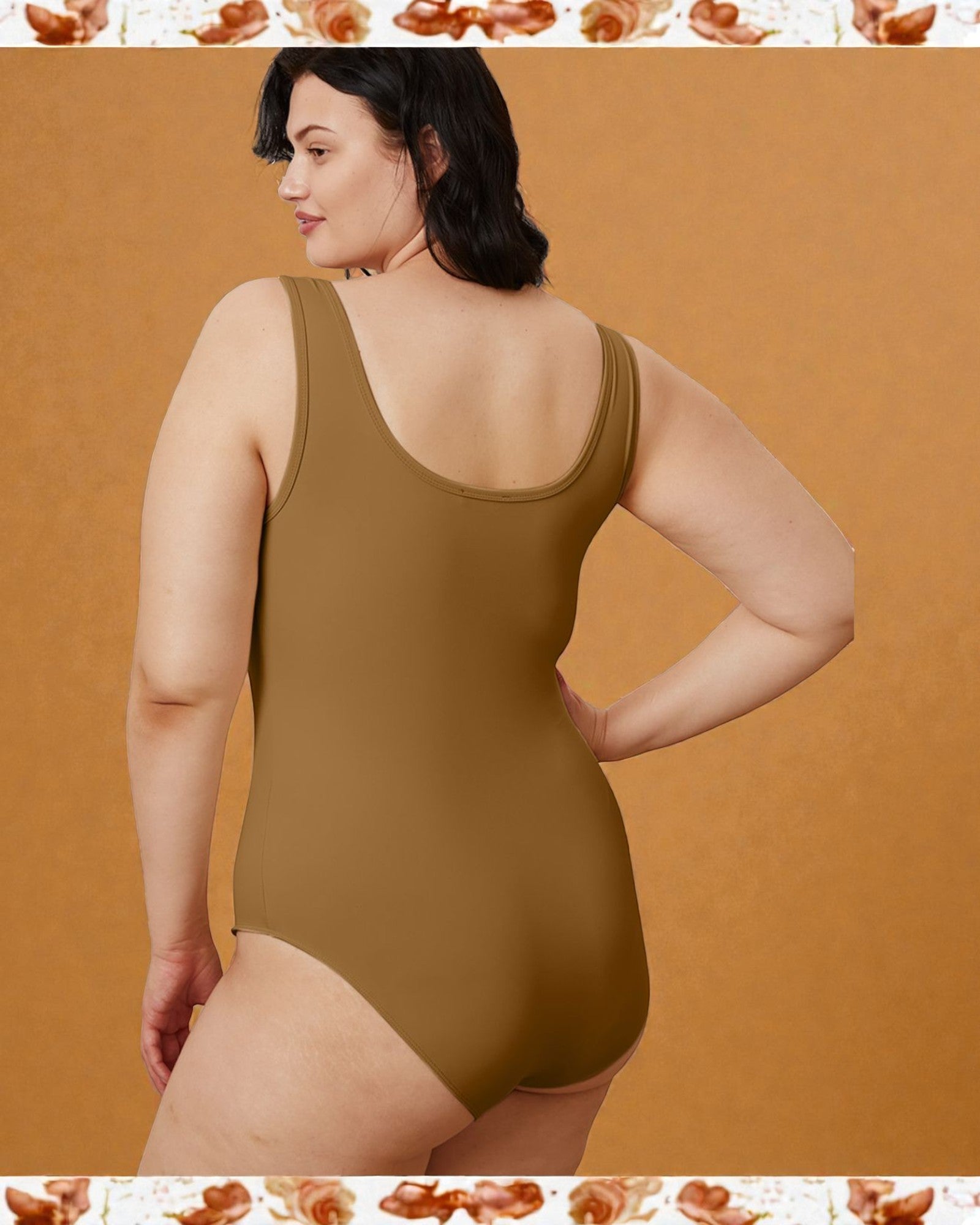 Woman wearing a brown swimsuit against an orange background