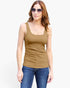 A woman modeling a fitted scoop-neck tank top in a warm tan or camel shade, paired with blue jeans and sunglasses, against a plain light gray studio background.