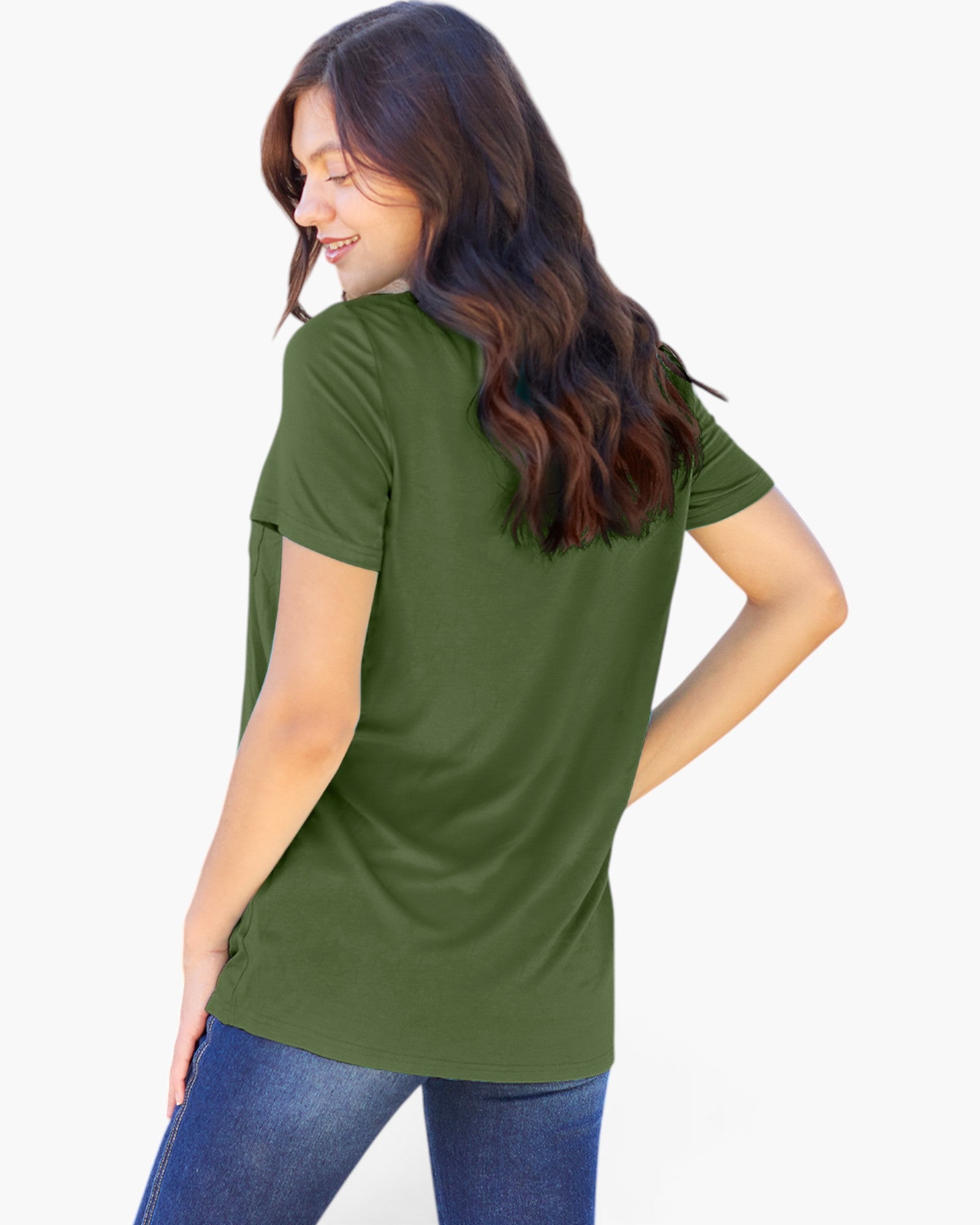 A woman wearing a short-sleeve olive green t-shirt, shown from a back-three-quarter angle against a plain white background.