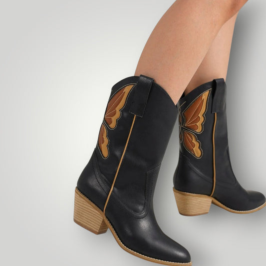Black Vegan Leather Embossed Butterfly Cowgirl Boots