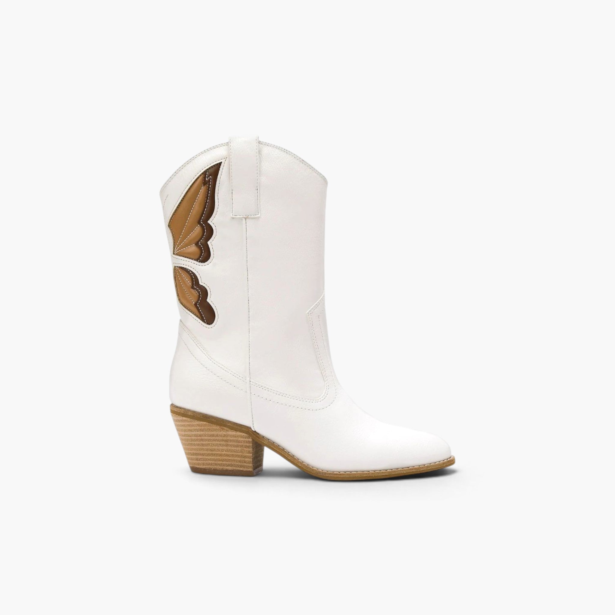 A white leather western-style ankle boot with a brown embroidered butterfly design on the shaft and a stacked wood-look block heel, shown from a side profile on a light gray background.