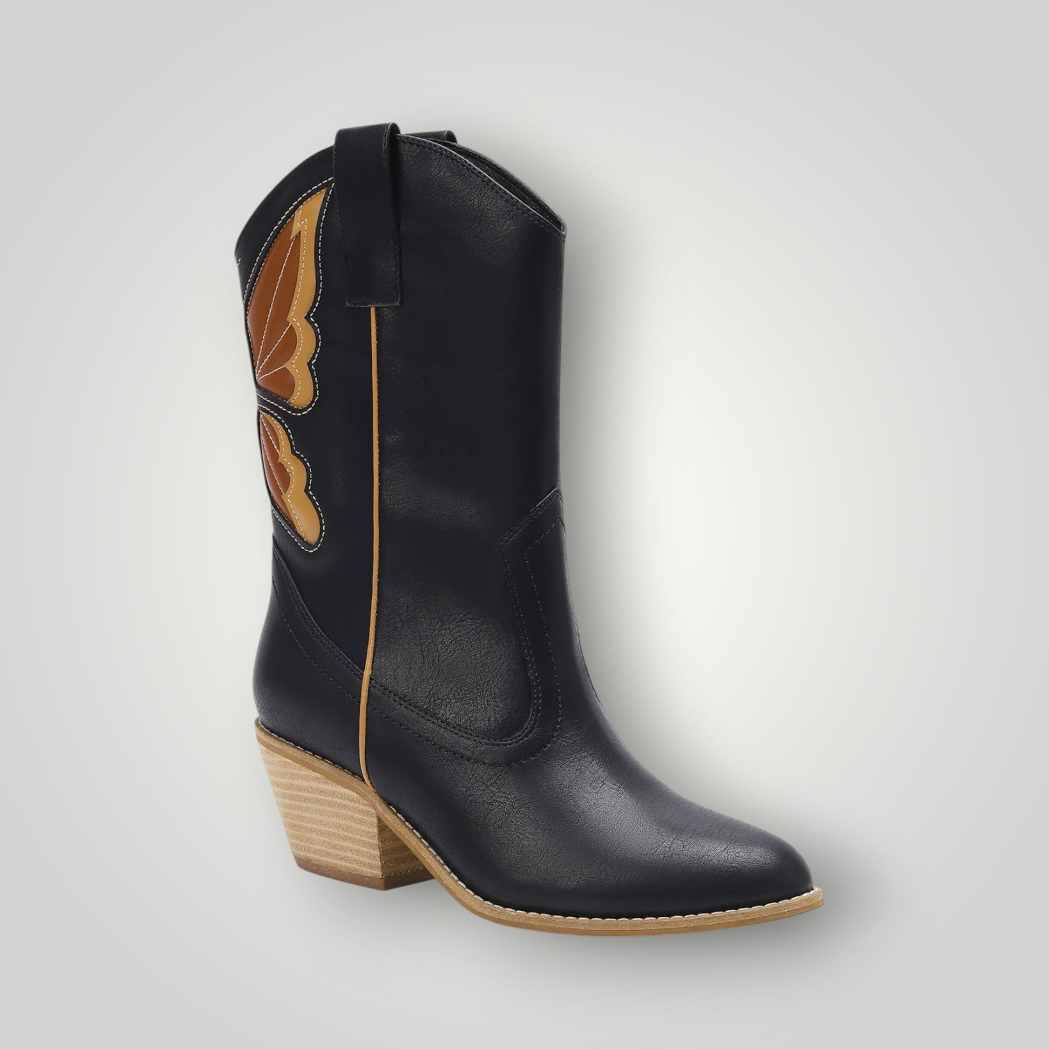 Black Vegan Leather Embossed Butterfly Cowgirl Boots