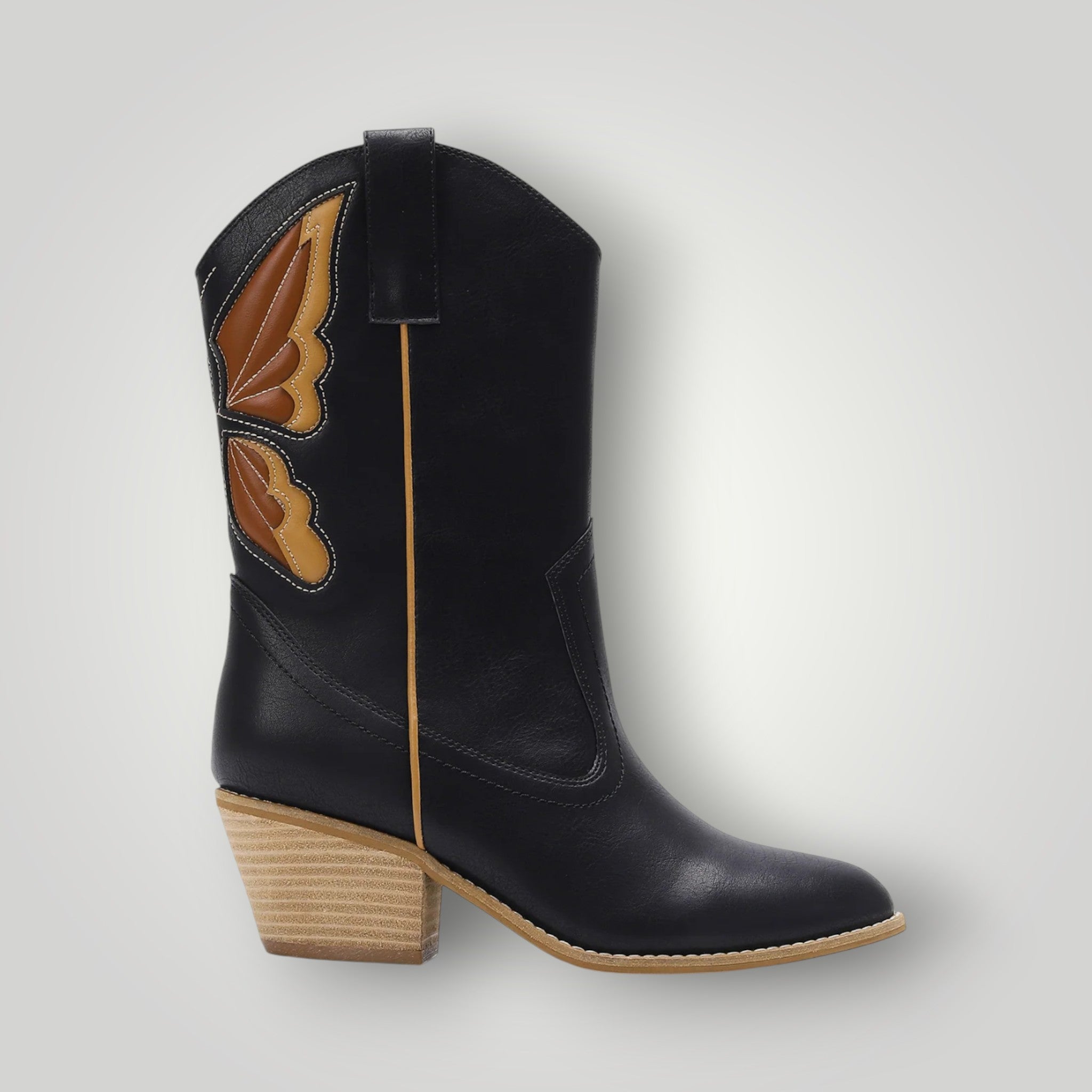 Black Vegan Leather Embossed Butterfly Cowgirl Boots