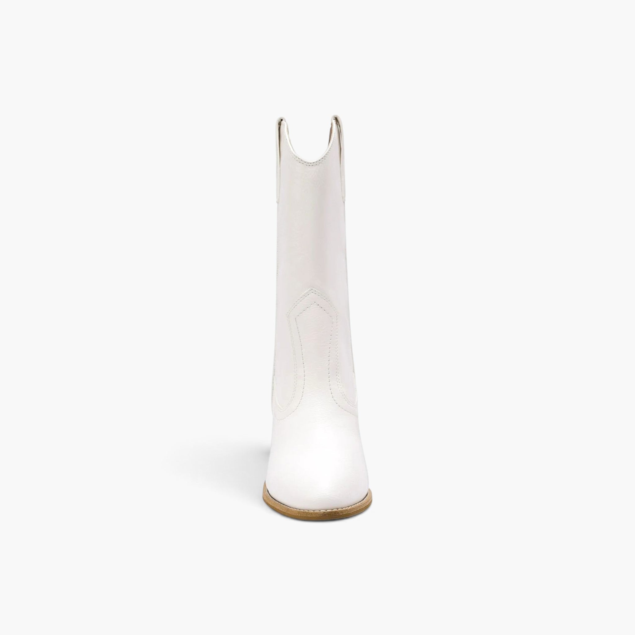 A single white leather cowboy boot shown from the back on a clean, light gray background.