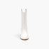 A single white leather cowboy boot shown from the back on a clean, light gray background.
