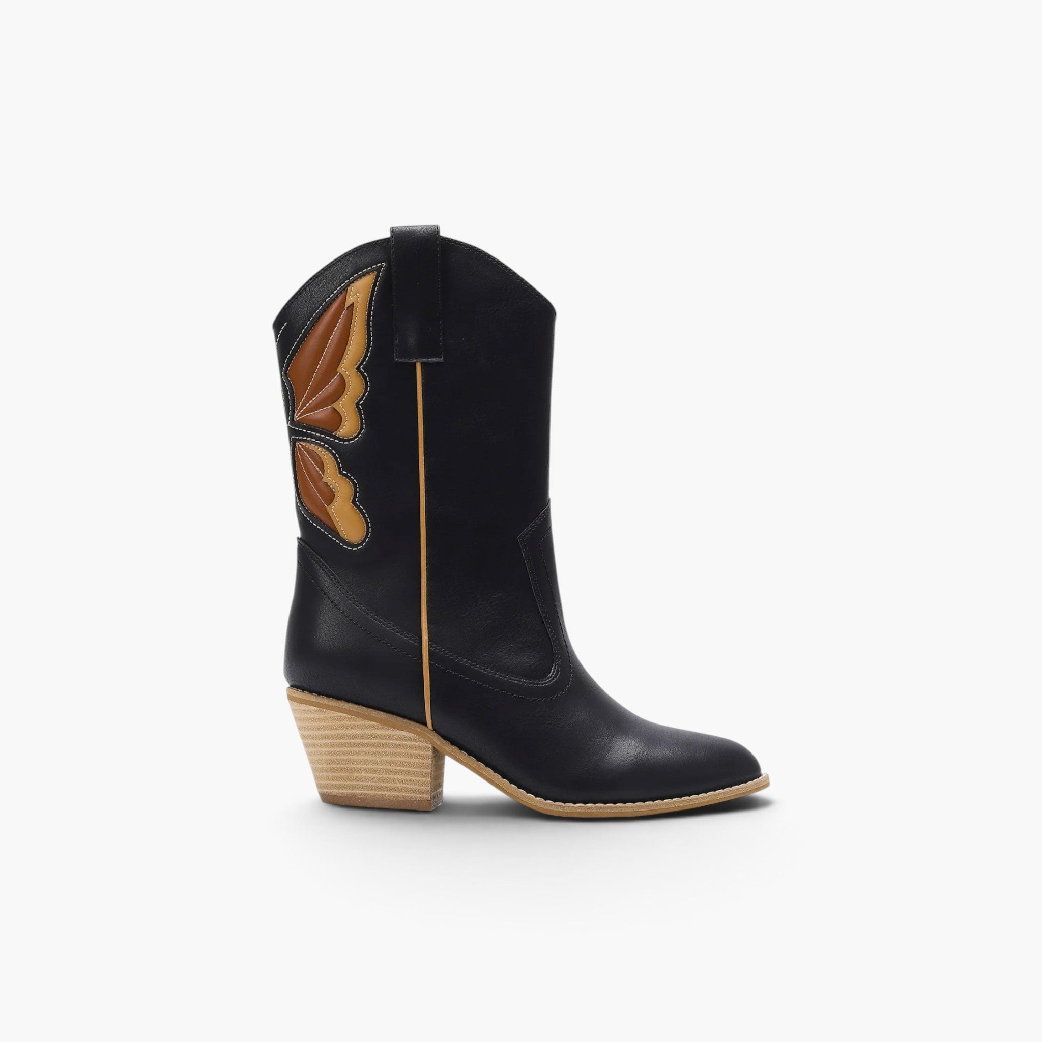 A black leather cowboy boot with a brown and gold butterfly applique on the side, a light wood block heel, and a pull tab, shown against a plain white background.