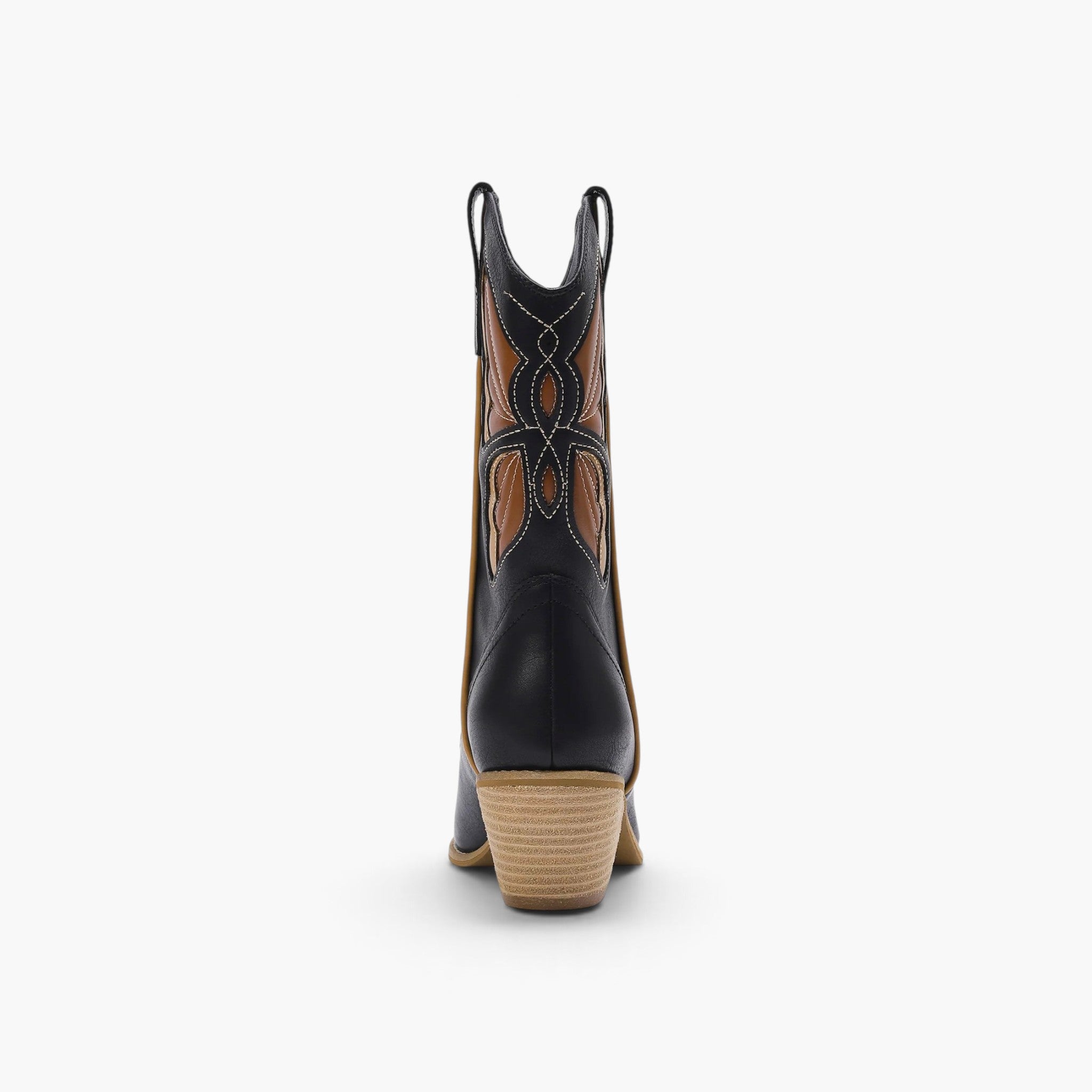 A single black leather cowboy boot shown from the back, featuring tan and brown embroidered detailing on the shaft and a stacked natural wood-look heel, set against a plain white background.