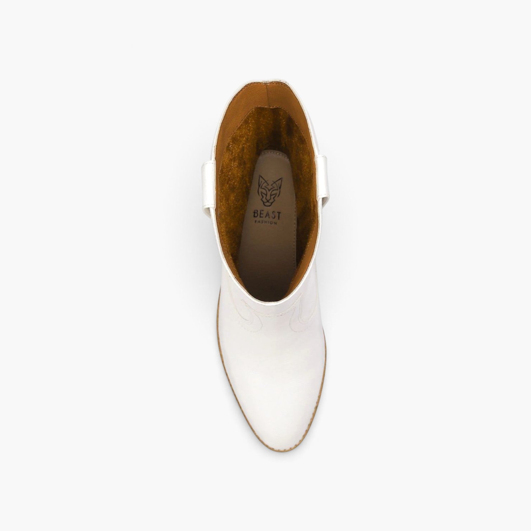A top-down view of a white leather ankle boot with a pointed toe and a brown interior, shown on a light gray background. The insole features the 'BEAST' brand logo.