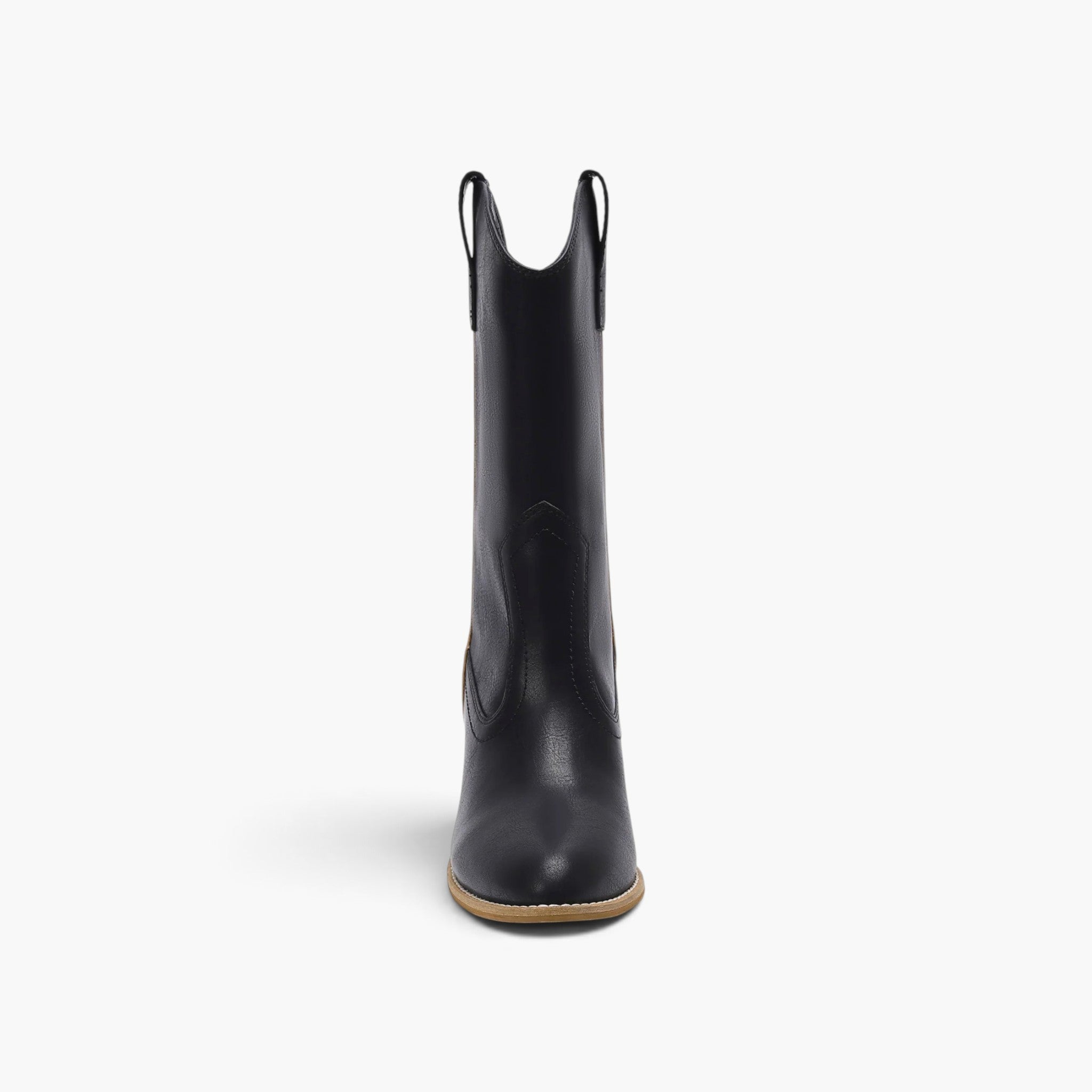 A single black leather cowboy boot with a low block heel and a contrasting tan outsole, shown from a front-facing perspective against a clean white background.