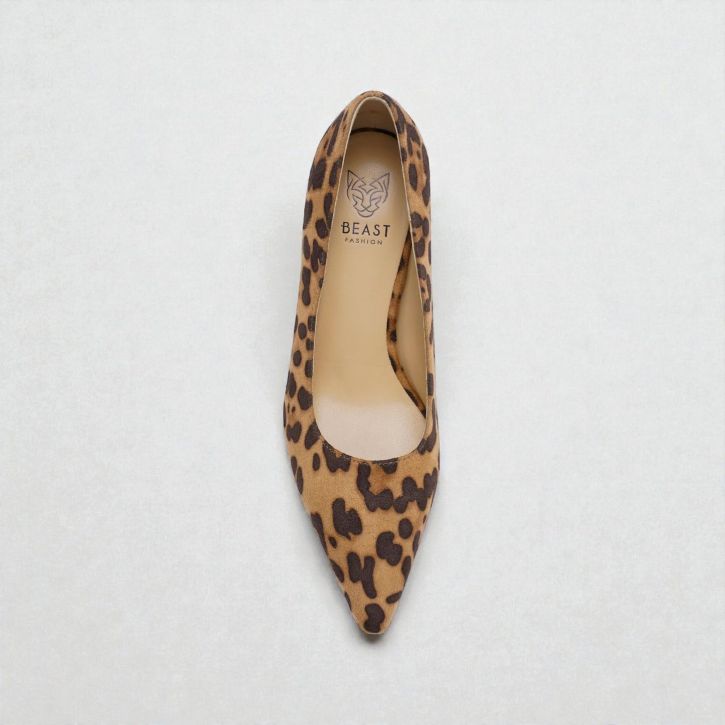 Leopard print shoe with 'BEAST' branding on a light gray background