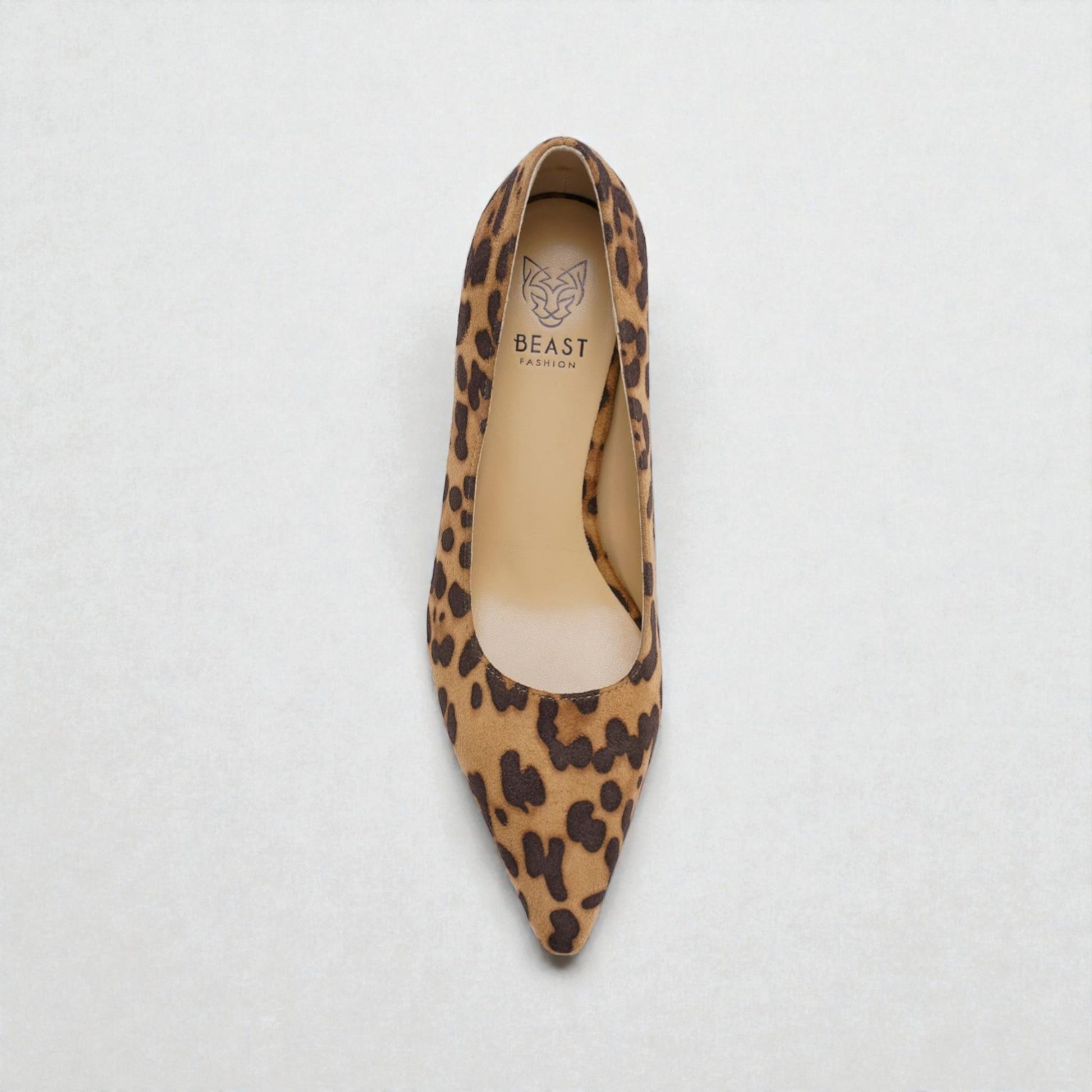 Leopard print shoe with 'BEAST' branding on a light gray background