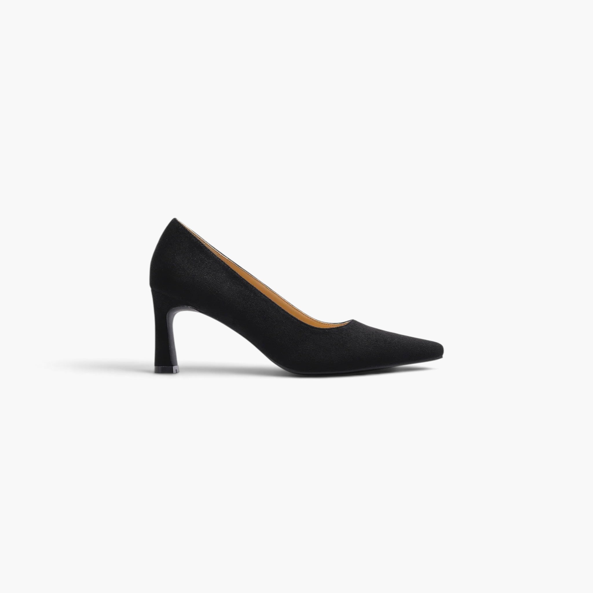 Black high-heeled shoe with a yellow sole on a white background