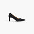 Black high-heeled shoe with a yellow sole on a white background