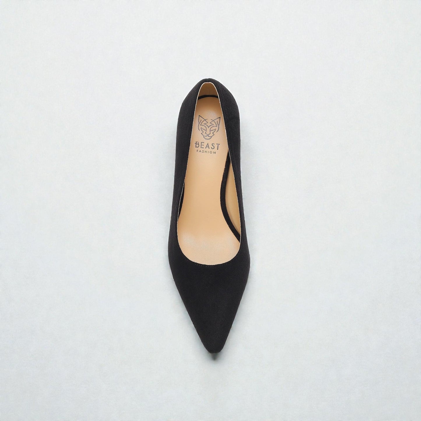 Black high-heeled shoe on a light gray background