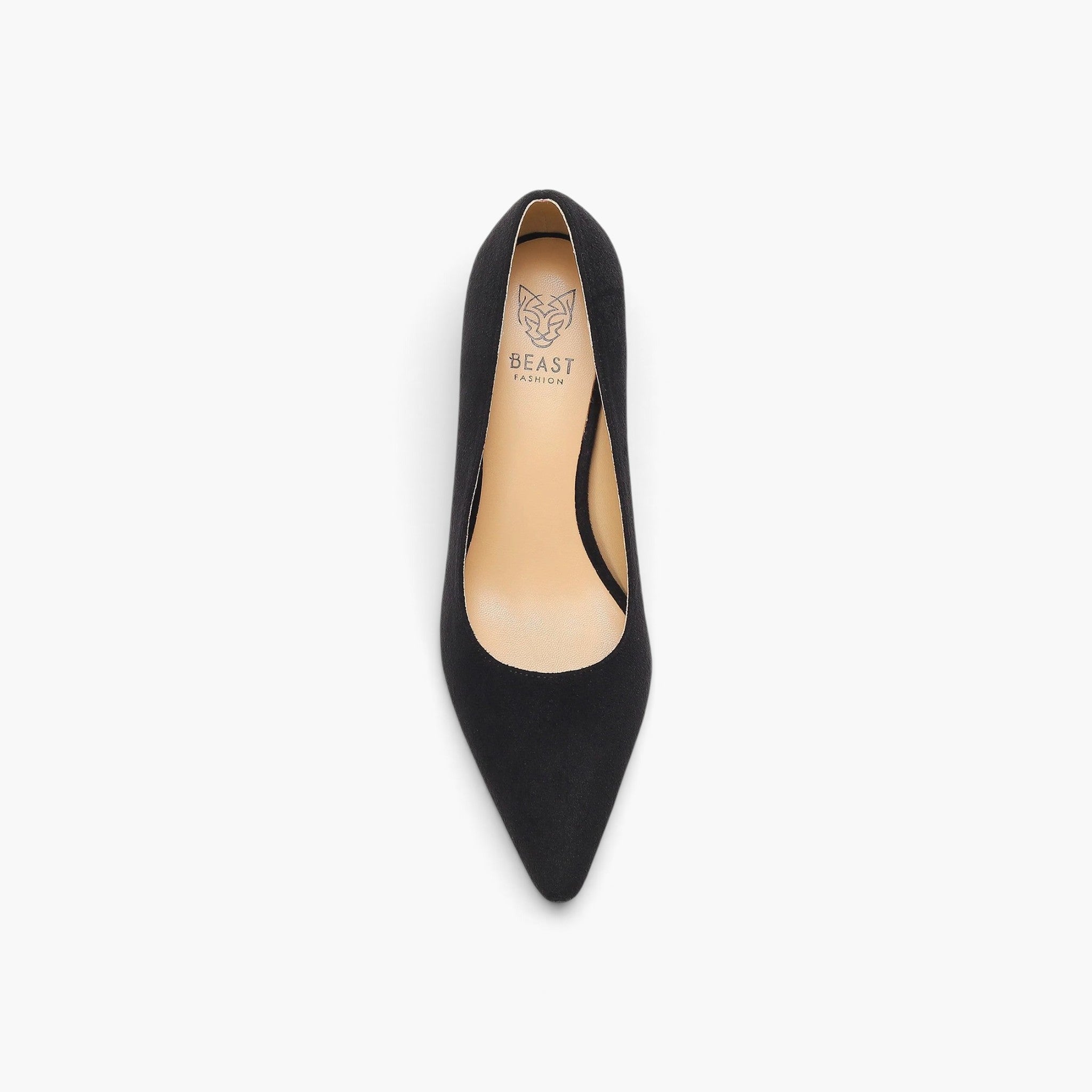 A single black pointed-toe pump with a suede-like finish, shown from a top-down view on a light gray background. The beige insole features the brand name 'BEAST KNUCKLED' printed in black.