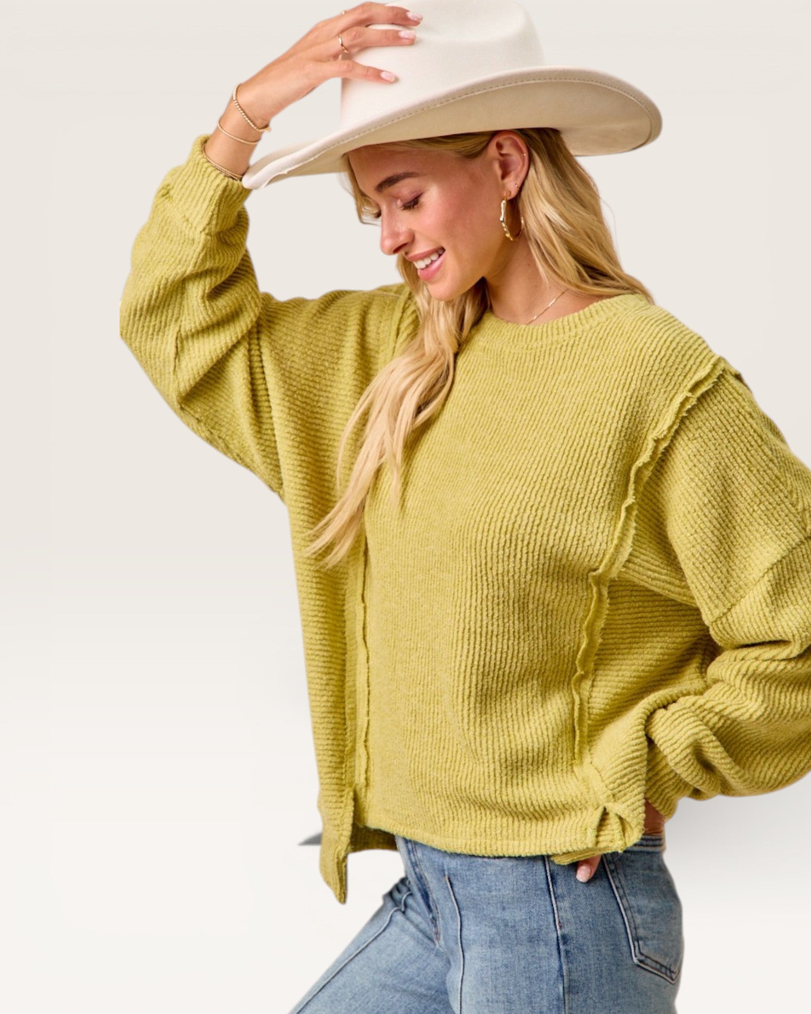 Chartreuse Waffle Knit Crewneck Sweater