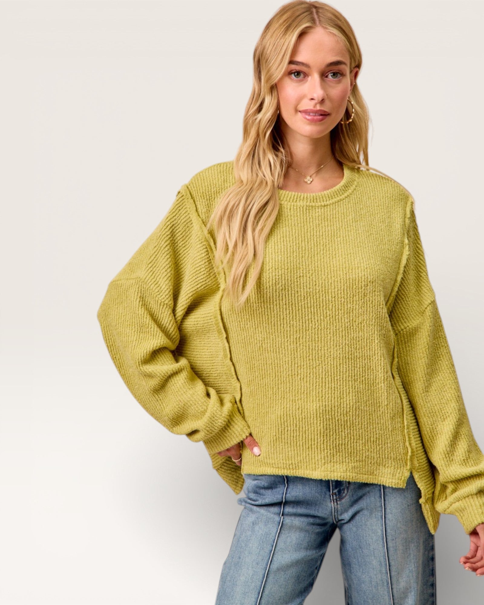 Chartreuse Waffle Knit Crewneck Sweater