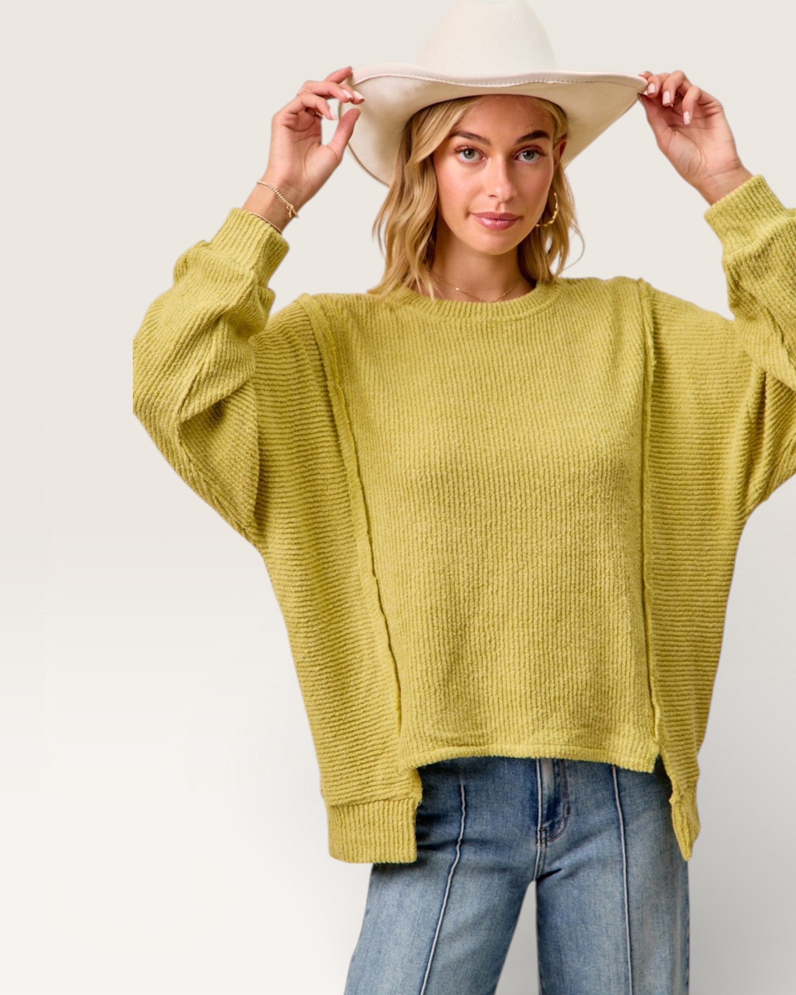 Chartreuse Waffle Knit Crewneck Sweater